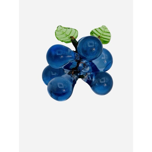 Vintage Hand Blown Art Glass Cobalt Blue 7 Grapes Cluster 2 Glass Leaves - Picture 2 of 7